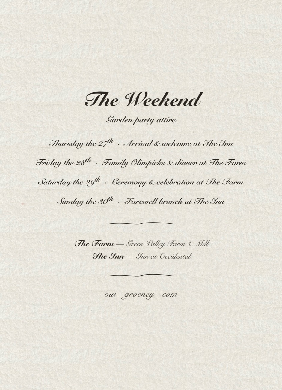 Back of the invitation listing the weekend — Thursday: arrival and welcome at the Inn; Friday: family Olimpicks and dinner at the farm; Saturday: the ceremony and celebration at the farm; Sunday: farewell brunch at the Inn. Garden party attire.